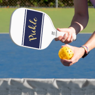 PICKLE Wide Navy Blue White Stripes Cute Script Pickleball Paddle