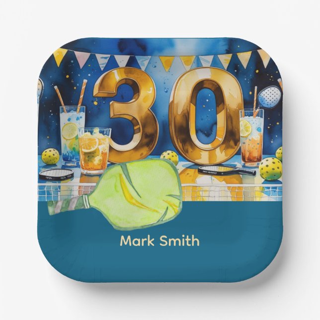 Pickleball 30th birthday party paper plate (Front)