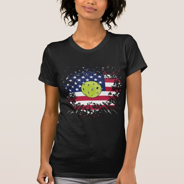 Pickleball American Flag US Racket Paddle Ball T-Shirt (Front)