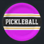 PICKLEBALL Athletic Tropical Pink Black Stripes Paper Plate<br><div class="desc">This sporty design features bold PICKLEBALL text inside a wide black horizontal centre racing stripe highlighted with twin floating white pinstripes against bright  tropical pink outer stripes.  The text can be personalised.</div>
