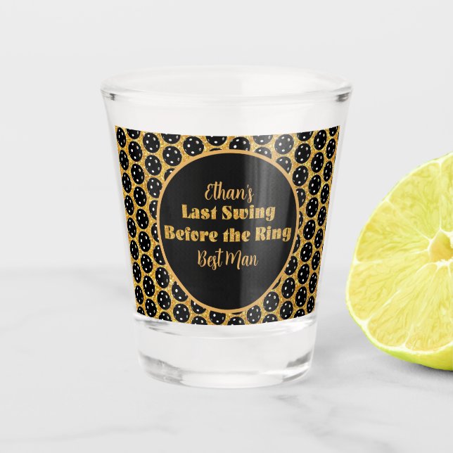 Pickleball Bachelor Party Black Gold Personalised Shot Glass (Front)