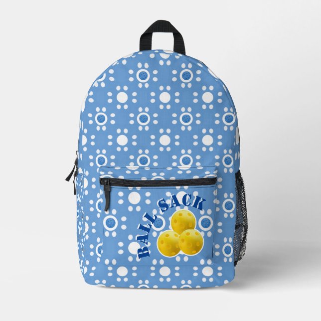 Pickleball Ball Sack Blue White Polka Dots Yellow Printed Backpack (Front)