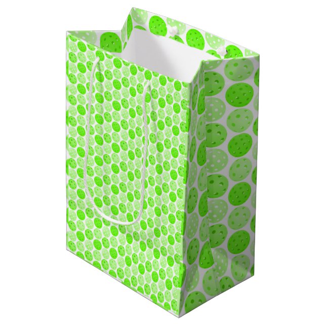 Pickleball Balls - Green Pickleball Balls on White Medium Gift Bag (Front Angled)