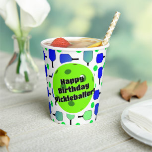Pickleball Birthday Blue Green Personalized Happy Paper Cups