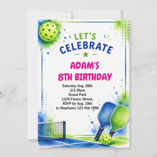 Pickleball Birthday Invitation Watercolor (Front)