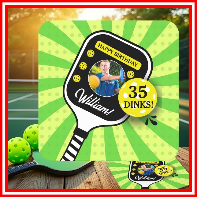 Pickleball Birthday Party RETRO Green Sports PHOTO Square Paper Coaster (Pickleball Birthday Party RETRO Green Sports PHOTO Square Paper Coaster)