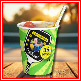 Pickleball Birthday RETRO Green Sports PHOTO Paper Cups