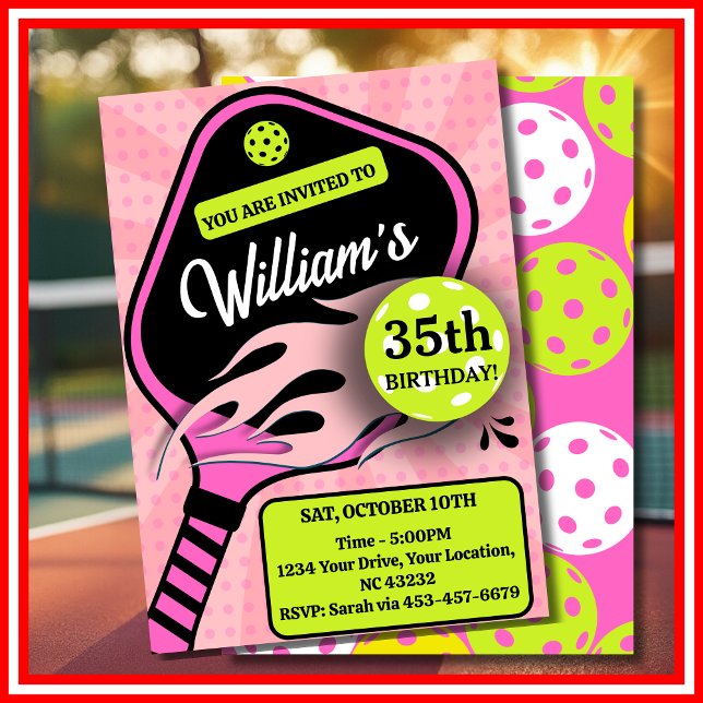 Pickleball Birthday RETRO Stripes Pink Sports Invitation (Pickleball Birthday RETRO Stripes Pink Sports Invitation)