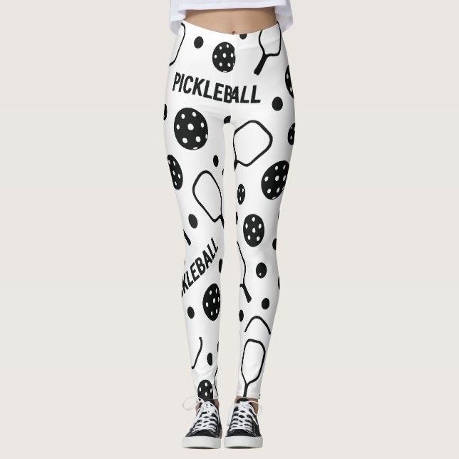 Pickleball Black And White Pattern Court Graphic Leggings (Front)