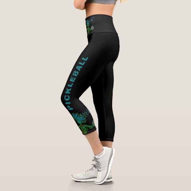 Pickleball Blue Green Whimsy Capri Leggings (Left)