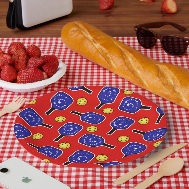 Pickleball Blue Paddles Yellow Balls 4th of July Paper Plate (Picnic)