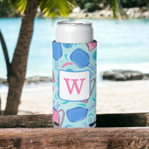 Pickleball Blue Preppy Monogram Seltzer Can Cooler