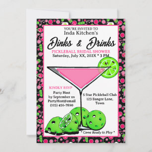 Pickleball Bridal Shower Dinks & Drinks Pink Black Invitation