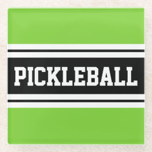 PICKLEBALL Bright Lime Black White Racing Stripes Glass Coaster