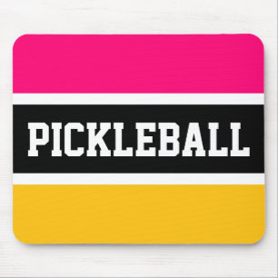 PICKLEBALL Bright Pink Yellow Black White Stripes Mouse Pad