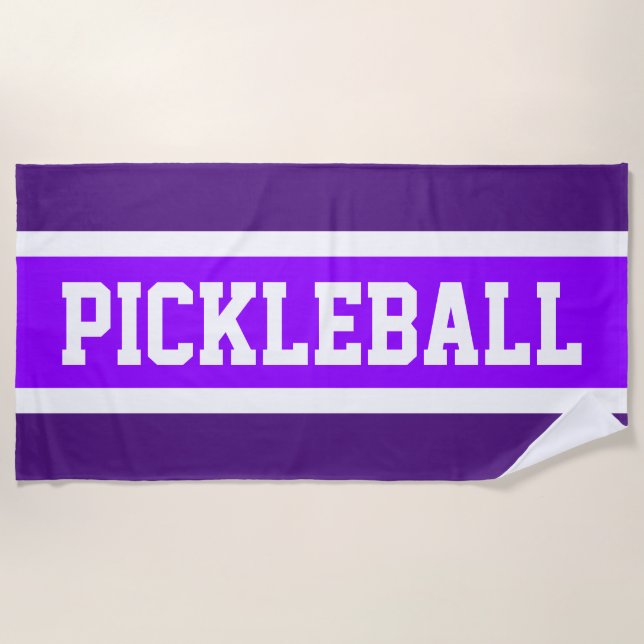 PICKLEBALL Bright Purple White Racing Stripes   Beach Towel (Front)