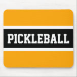PICKLEBALL Bright Yellow Orange Black Stripes  Mouse Pad<br><div class="desc">This fun design features athletic PICKLEBALL text inside a wide black stripe highlighted with white stripes on a bright golden yellow orange background.  The colors and text in this design can be personalized.</div>