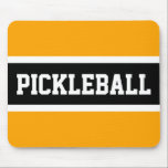 PICKLEBALL Bright Yellow Orange Black Stripes  Mouse Pad<br><div class="desc">This fun design features athletic PICKLEBALL text inside a wide black stripe highlighted with white stripes on a bright golden yellow orange background.  The colors and text in this design can be personalized.</div>