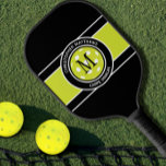 Pickleball Carpe Dinkum Quote Name Initial Black  Paddle<br><div class="desc">Classic design features two lines of customisable text for "Carpe Dinkum" or custom saying of choice and name or custom text in a timeless modern font arched over & under an image of a pickleball in green. The background pattern is coordinating black, green & white. Add one or two intials...</div>