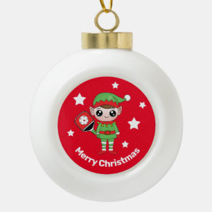 Pickleball Christmas Elf,   Ceramic Ball Christmas Ornament