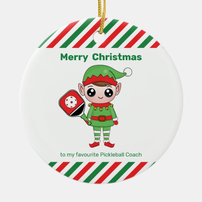 Pickleball Christmas Elf,  Ceramic Ornament (Front)