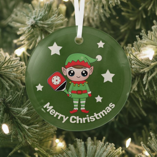 Pickleball Christmas Elf,   Glass Ornament (Insitu)