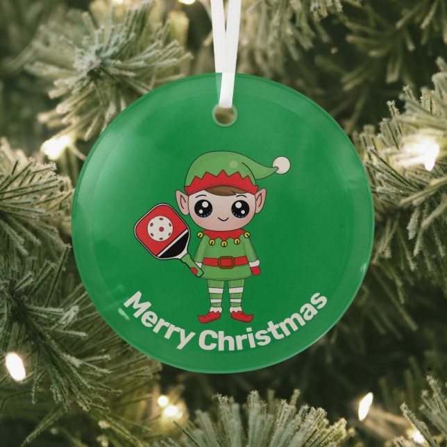 Pickleball Christmas Elf,   Glass Tree Decoration (Insitu)