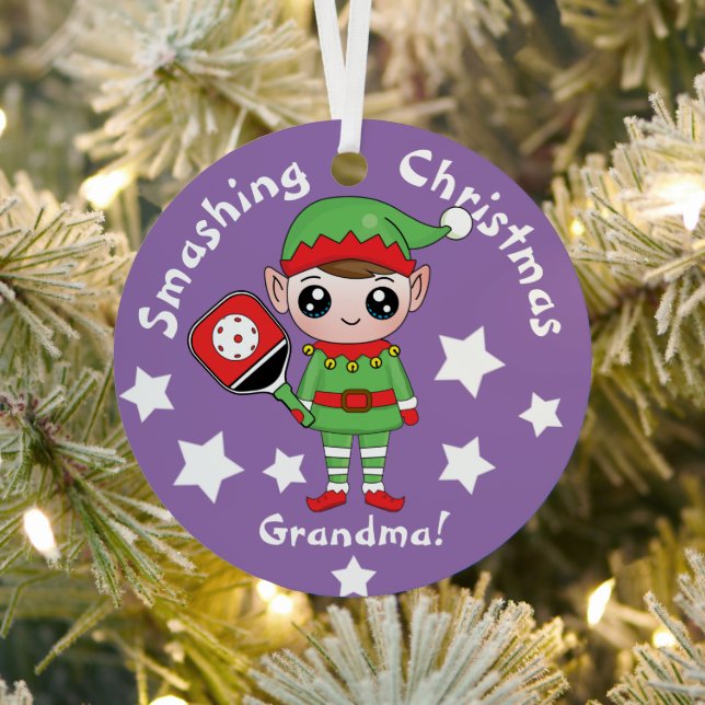Pickleball Christmas elf,  Metal Ornament (Insitu)