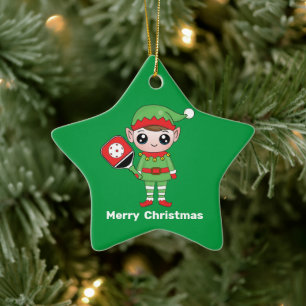 Pickleball Christmas Elf, Star Ceramic Ornament