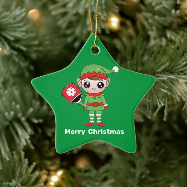 Pickleball Christmas Elf,  Star Ceramic Ornament (Tree)