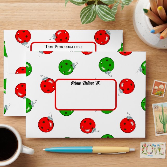 Pickleball Christmas Ornaments Red Green on White Envelope (Desk)
