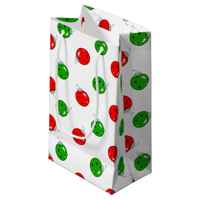 Pickleball Christmas Ornaments Red Green on White Small Gift Bag (Front Angled)