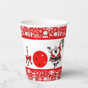 Pickleball Christmas Party Joy Santa Red and White Paper Cups