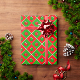 Pickleball Christmas Red and Green Ornament Checks Wrapping Paper
