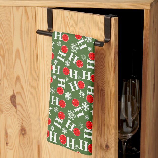 Pickleball Christmas Red Green Snowflakes Ho Ho Ho Tea Towel (Thirds Fold)
