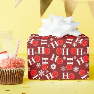 Pickleball Christmas Red White Ho Ho Ho Snowflakes Wrapping Paper