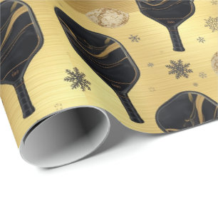 Pickleball Christmas themed Black and Gold Wrapping Paper