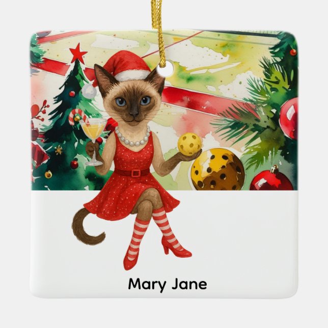 Pickleball Christmas themed for Cat Lovers  Ceramic Ornament (Front)