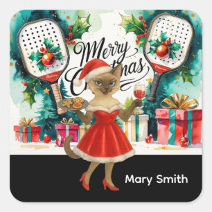 Pickleball Christmas themed for Cat Lovers Square Sticker