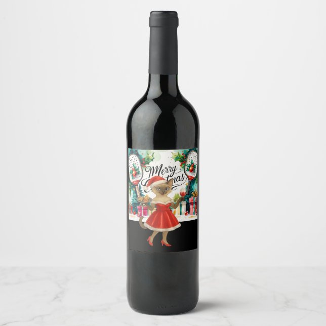 Pickleball Christmas themed for Cat Lovers Wine Label (Front)