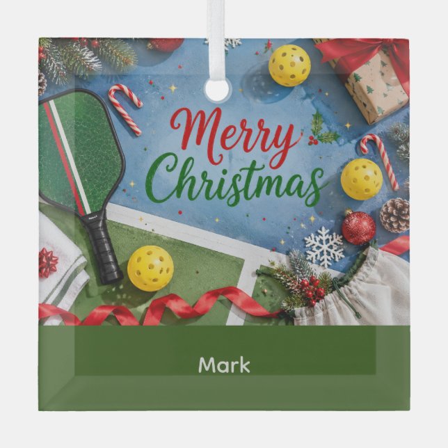 Pickleball Christmas themed  Glass Tree Decoration (Front)