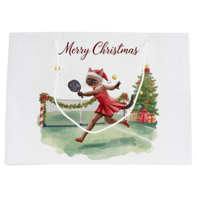 Pickleball Christmas themed with cat  Large Gift Bag (Front)