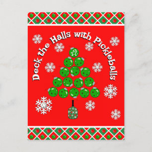 Pickleball Christmas Tree Deck the Halls Red Green Postcard