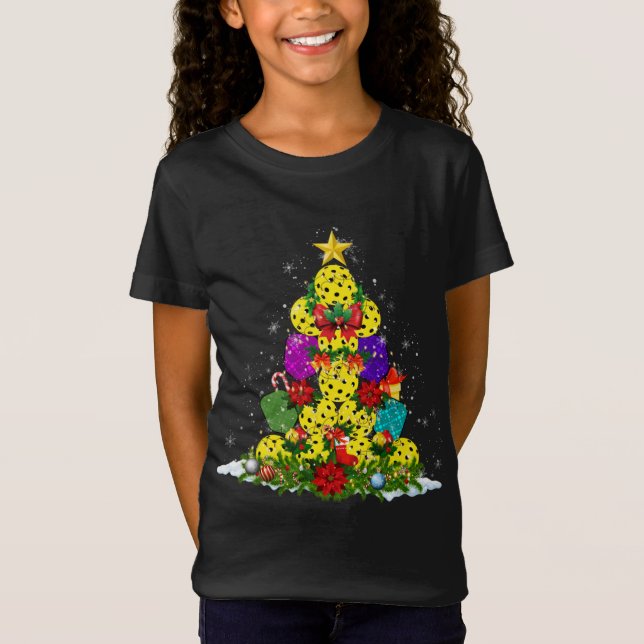 Pickleball Christmas Tree Santa Xmas Lights T-Shirt (Front)