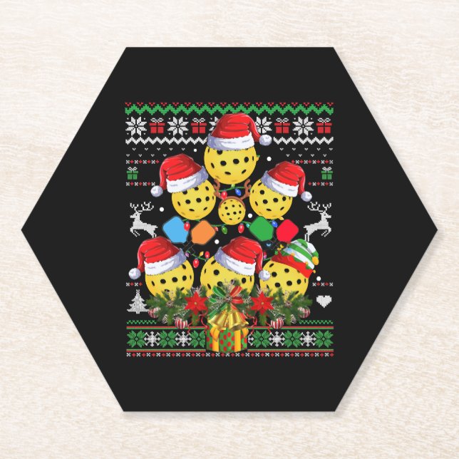 Pickleball Christmas Tree Ugly Sweater Santa Paddl Paper Coaster (Front)