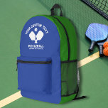 Pickleball Club Team Name Any Colours Personalised<br><div class="desc">Super fun, sporty backpack featuring crossed pickleball paddles and 3 lines of custom text. Easily add your name, club name, town name, coaches name, etc. Totally customisable. You can also easily change the colours too. Just click edit this design and click on layers to the left of the product photo...</div>