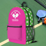 Pickleball Club Team Name Any Colours Personalised Printed Backpack<br><div class="desc">Super fun, sporty backpack featuring crossed pickleball paddles and 3 lines of custom text. Easily add your name, club name, town name, coaches name, etc. Totally customisable. You can also easily change the colours too. Just click edit this design and click on layers to the left of the product photo...</div>