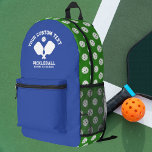 Pickleball Club Team Name Any Colours Personalised Printed Backpack<br><div class="desc">Super fun, sporty backpack featuring crossed pickleball paddles and 3 lines of custom text. Easily add your name, club name, town name, coaches name, etc. Totally customisable. You can also easily change the colours too. Just click edit this design and click on layers to the left of the product photo...</div>