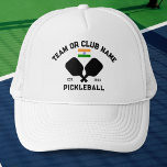 Pickleball Club Team Name India Indian Flag Custom Trucker Hat<br><div class="desc">Stand out on the pickleball court with this stylish hat featuring crossed pickleball paddles, the flag of India, and your custom text. Personalise it easily to include your club name, team name, city, or any wording of your choice. You can also change the font and paddle colours - just click...</div>