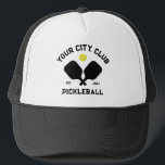 Pickleball Club Team Player Custom Pickle Gift Trucker Hat<br><div class="desc">Standout on the pickleball court in this super cool hat featuring crossed pickleball paddles, a ball and your custom text. Easily change the wording to include your pickleball club name, team name, city/location or any wording your choose. Also change the font and graphic colours - just click edit/personalise. Makes an...</div>